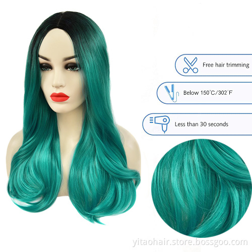 Synthetic Hair Wavy Wig Middle Part Ombre Long Curly Wigs for Women Fashion Green Mixed Blue Colored Cosplay Wig